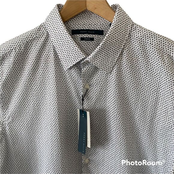 Perry Ellis Mens White Dot Pattern Shirt Cotton w Stretch Size Medium $79.50 - Picture 1 of 5